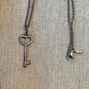 Pandora Silver Heart Key Pendant Necklace with Clear Stones